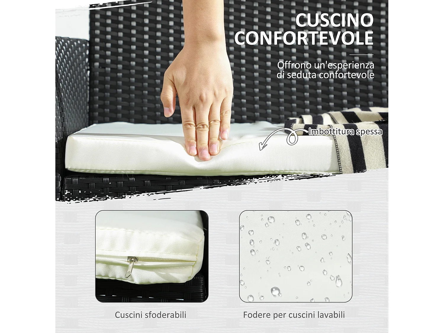 Divano da giardino 2 posti con cuscino e braccioli in rattan pe nero