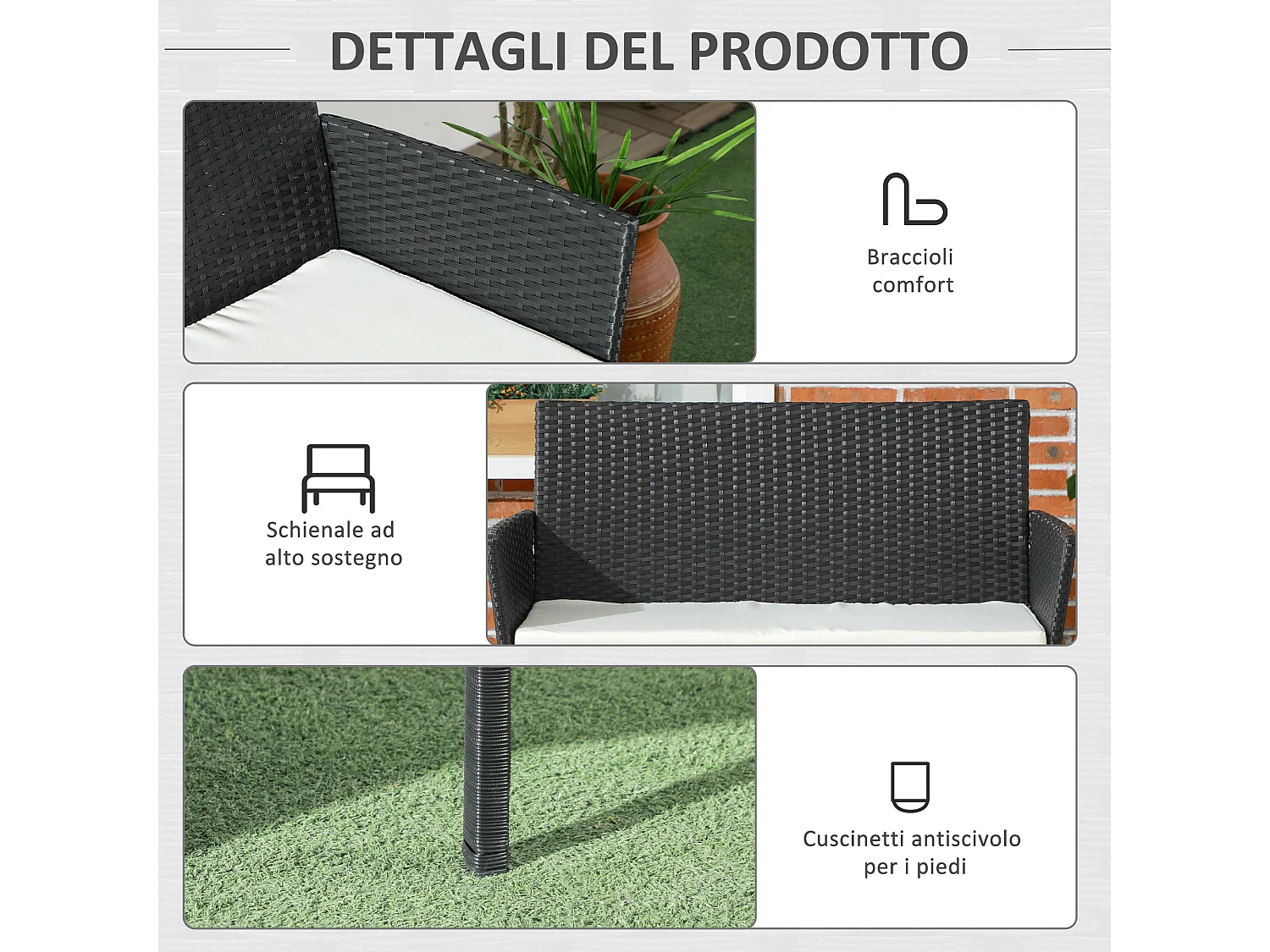 Divano da giardino 2 posti con cuscino e braccioli in rattan pe nero