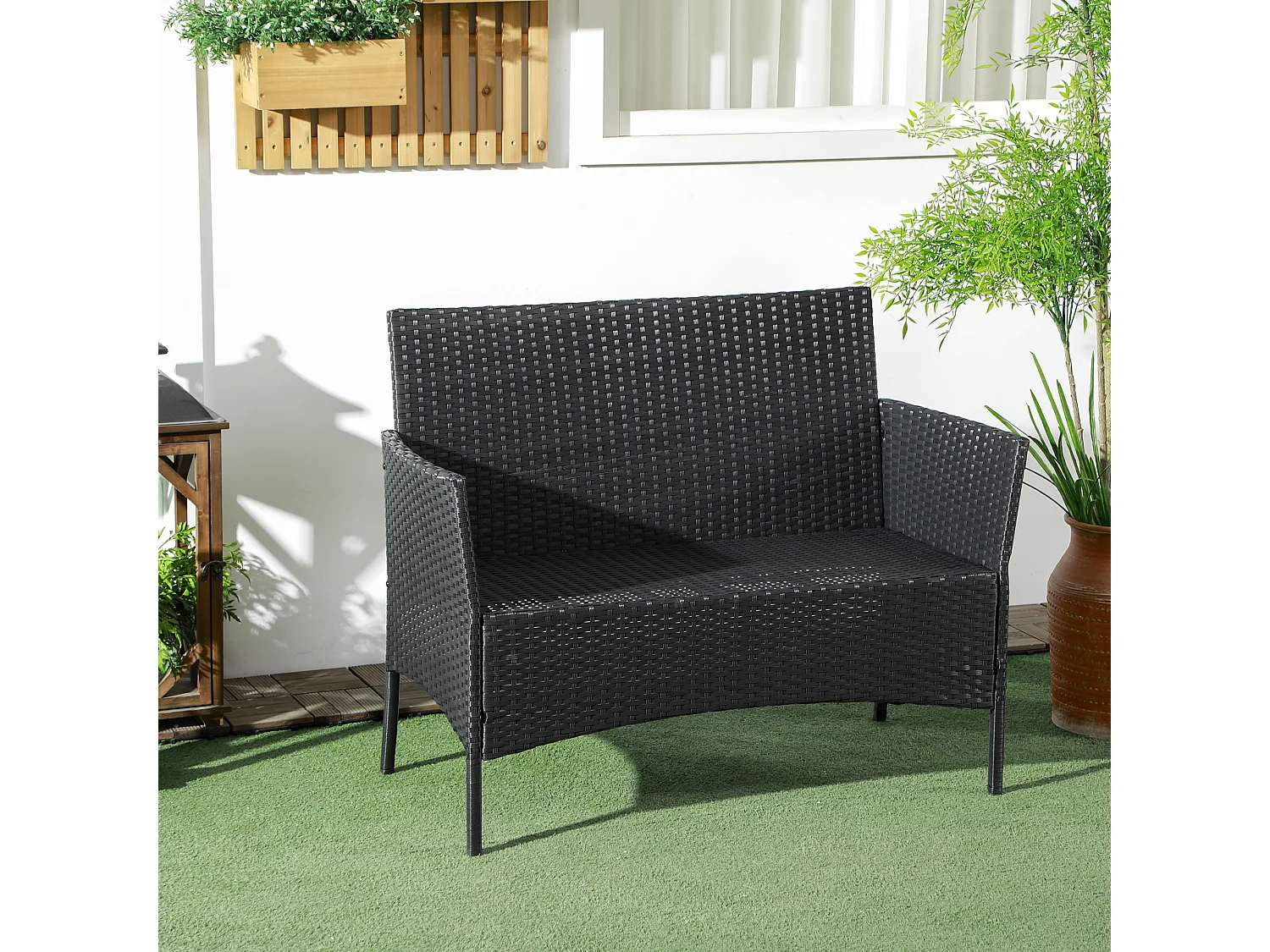 Divano da giardino 2 posti con cuscino e braccioli in rattan pe nero