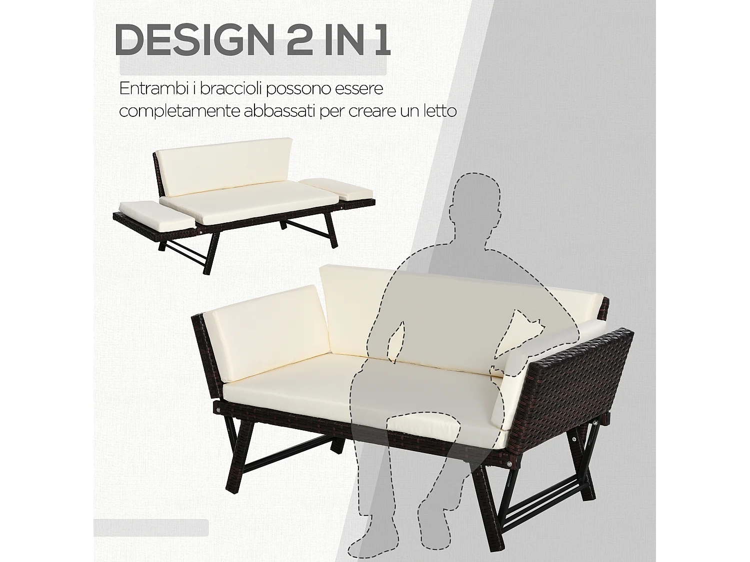 Divano 2 Posti da Giardino con Braccioli Estensibili in Rattan