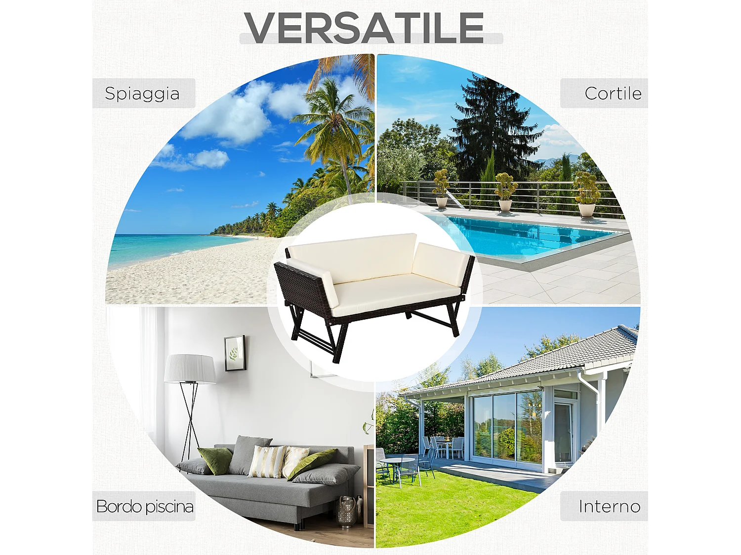 Divano 2 Posti da Giardino con Braccioli Estensibili in Rattan