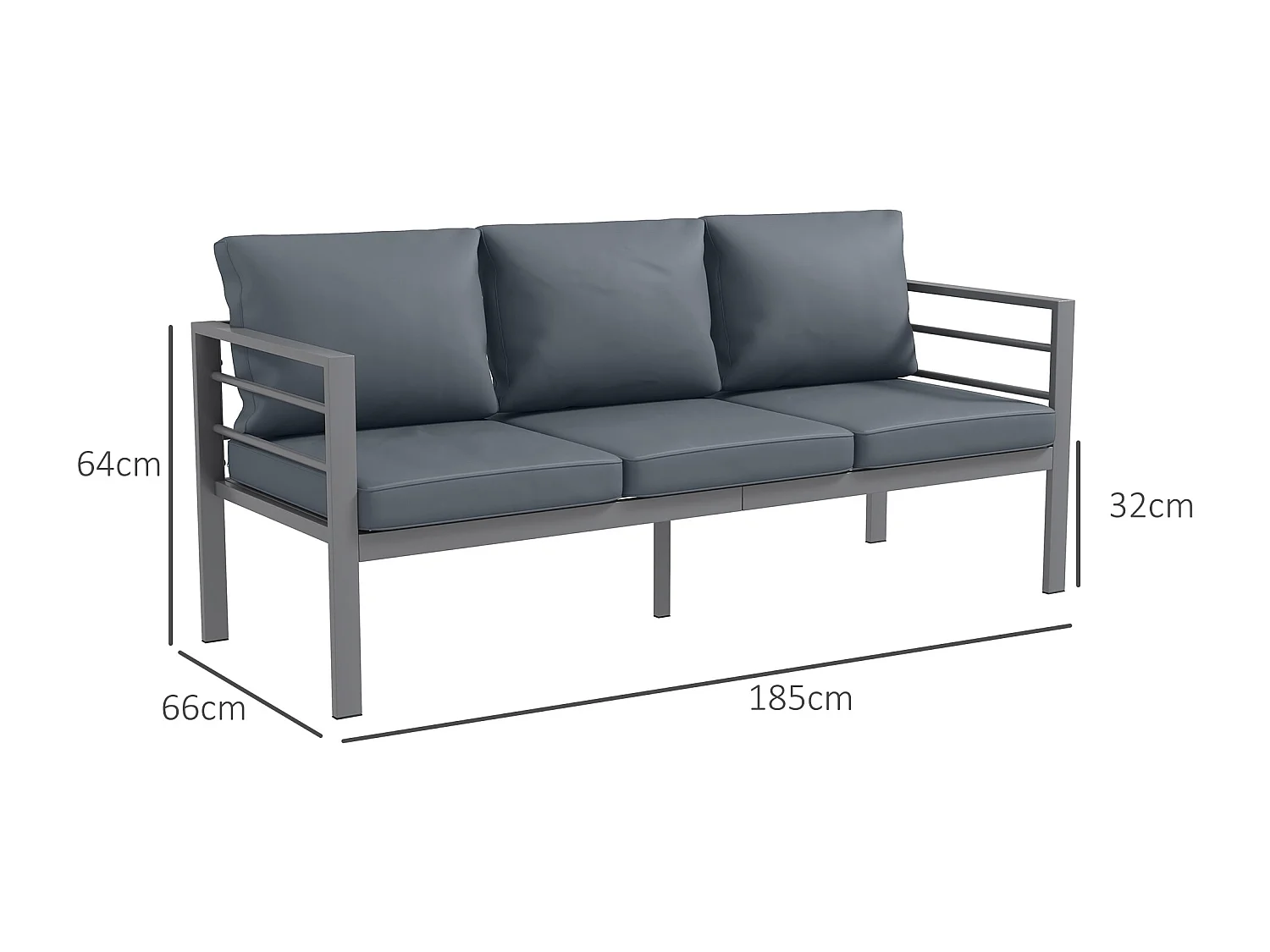 Divano da giardino 3 posti in alluminio grigio con cuscini