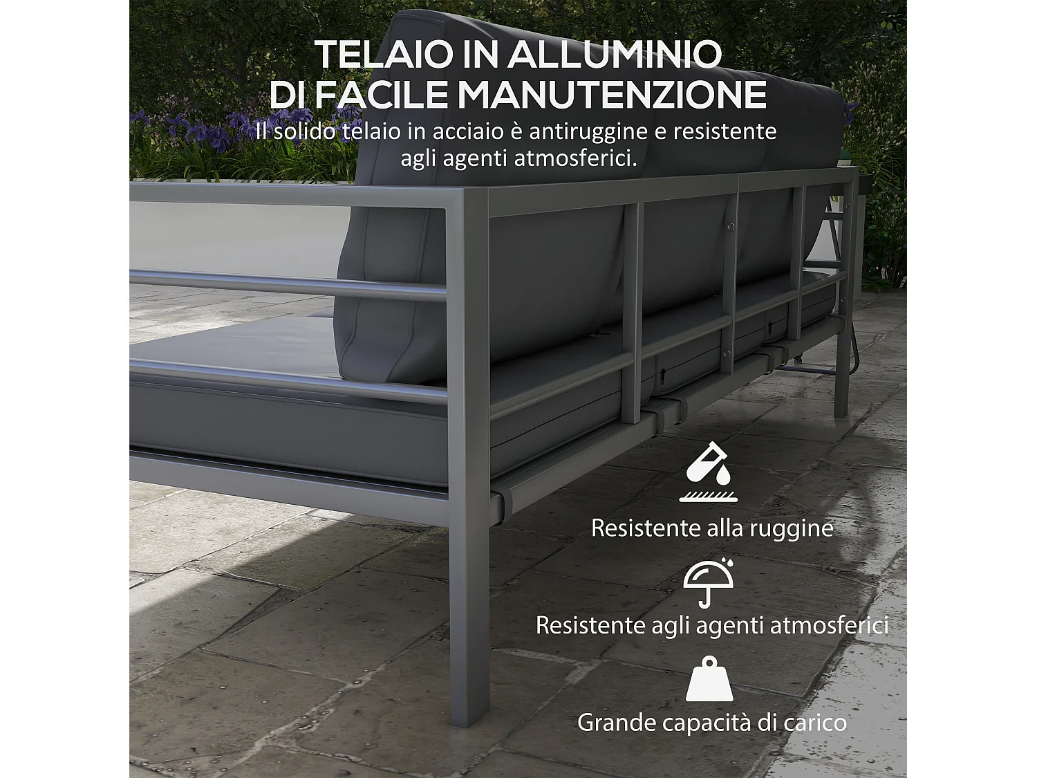 Divano da giardino 3 posti in alluminio grigio con cuscini