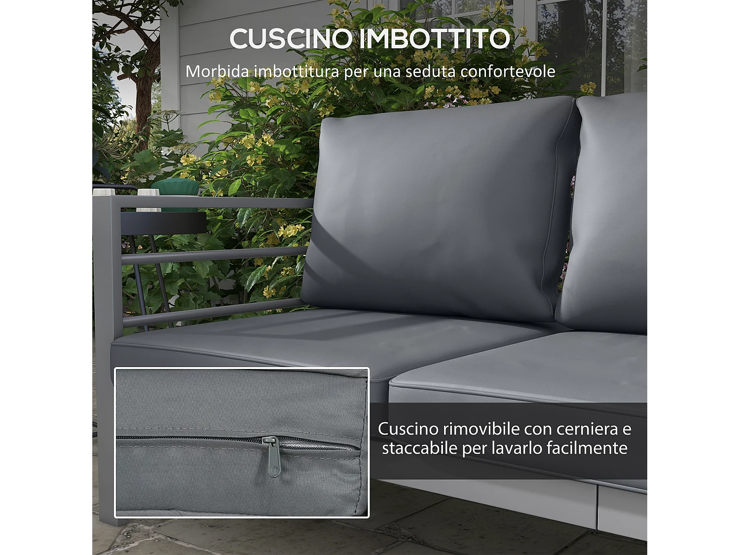 Divano da giardino 3 posti in alluminio grigio con cuscini