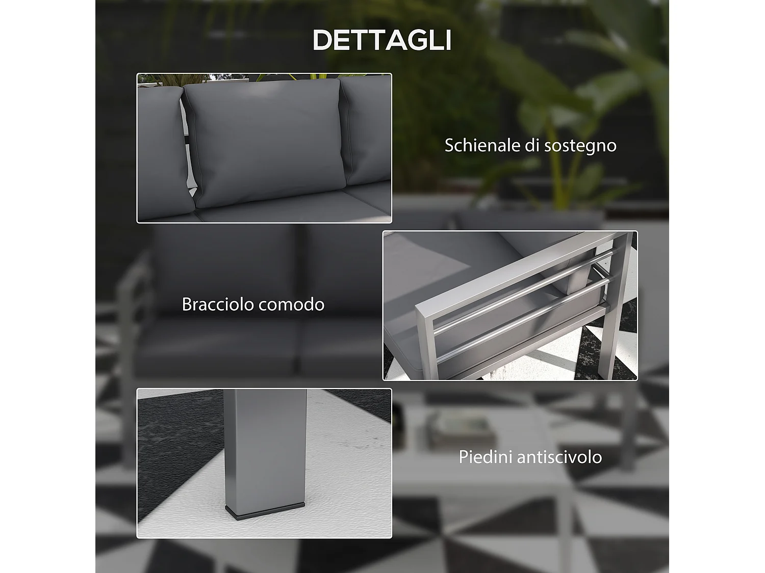 Divano da giardino 3 posti in alluminio grigio con cuscini