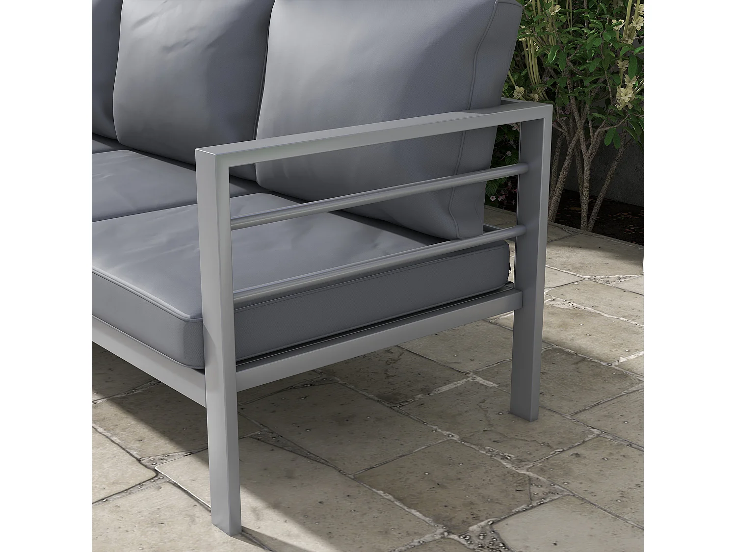 Divano da giardino 3 posti in alluminio grigio con cuscini