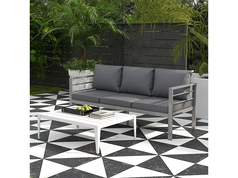 Divano da giardino 3 posti in alluminio grigio con cuscini