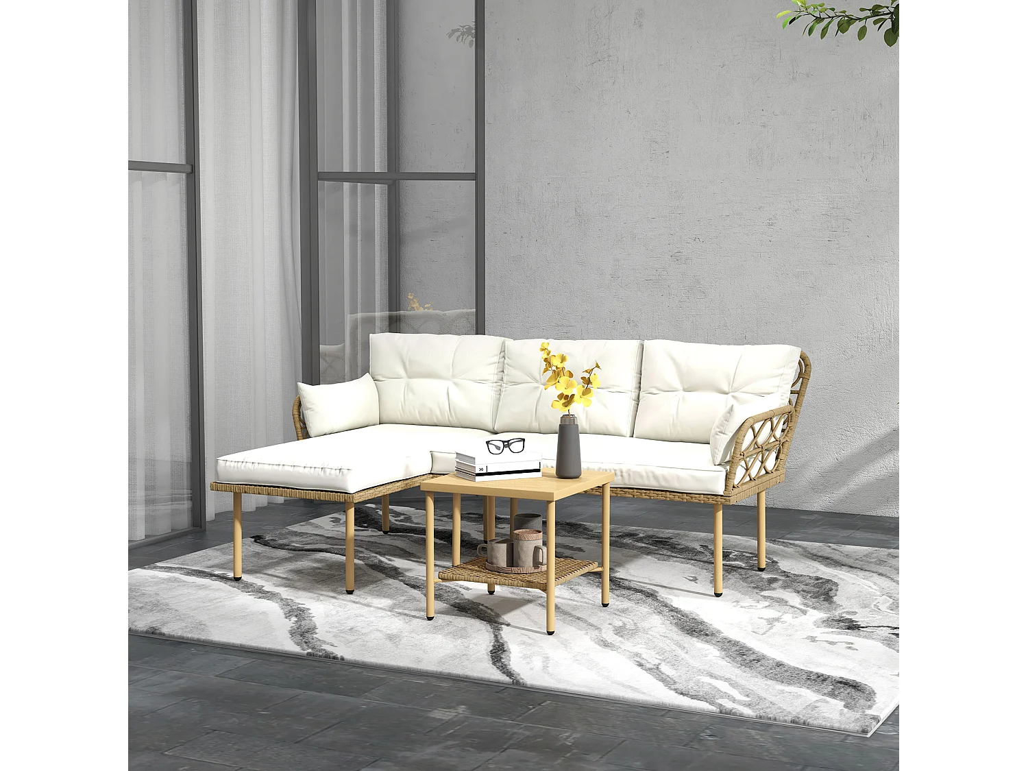 Salotto da giardino con chaise longue, divano e tavolino crema e legno