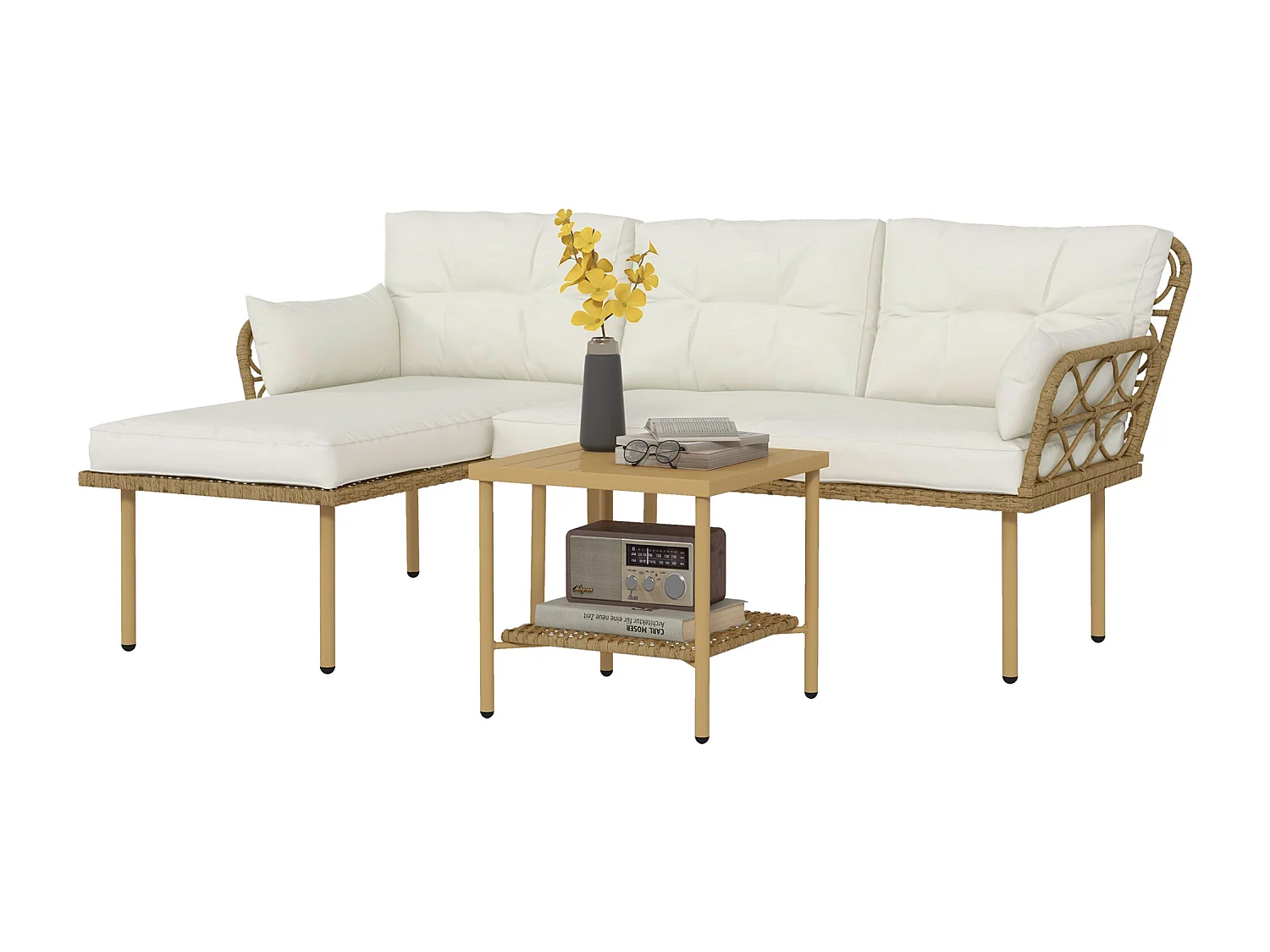 Salotto da giardino con chaise longue, divano e tavolino crema e legno