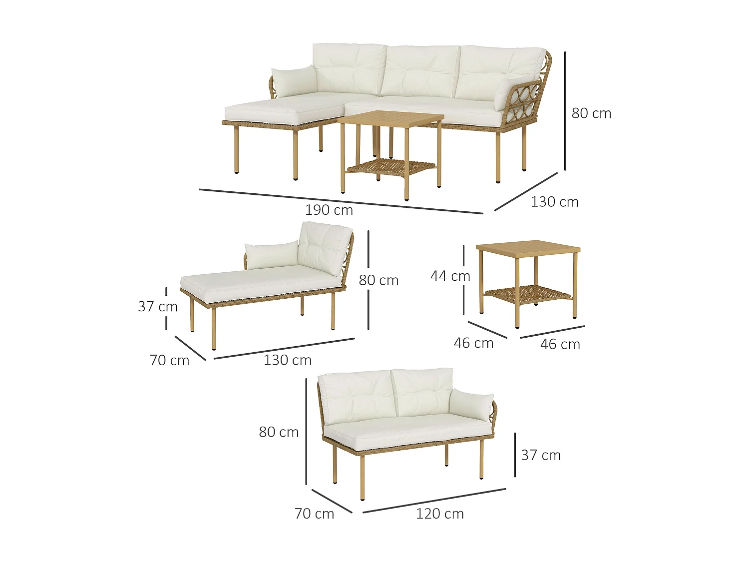 Salotto da giardino con chaise longue, divano e tavolino crema e legno