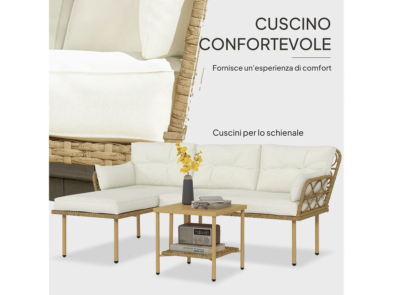 Salotto da giardino con chaise longue, divano e tavolino crema e legno