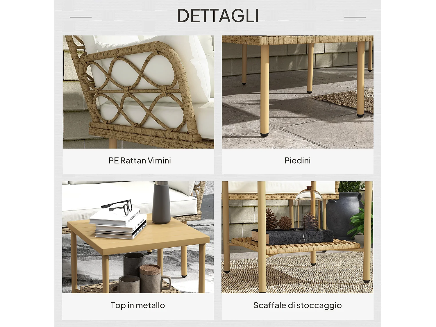 Salotto da giardino con chaise longue, divano e tavolino crema e legno