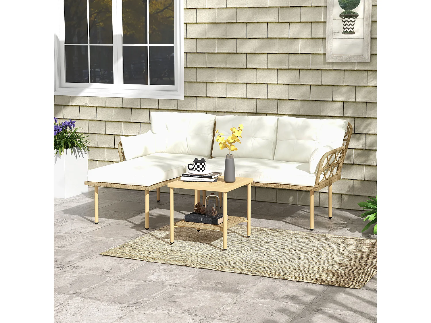 Salotto da giardino con chaise longue, divano e tavolino crema e legno