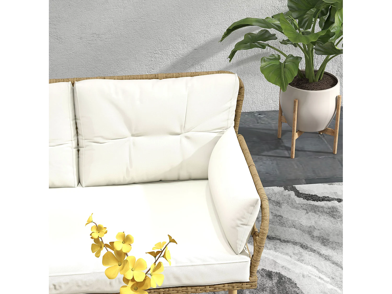 Salotto da giardino con chaise longue, divano e tavolino crema e legno