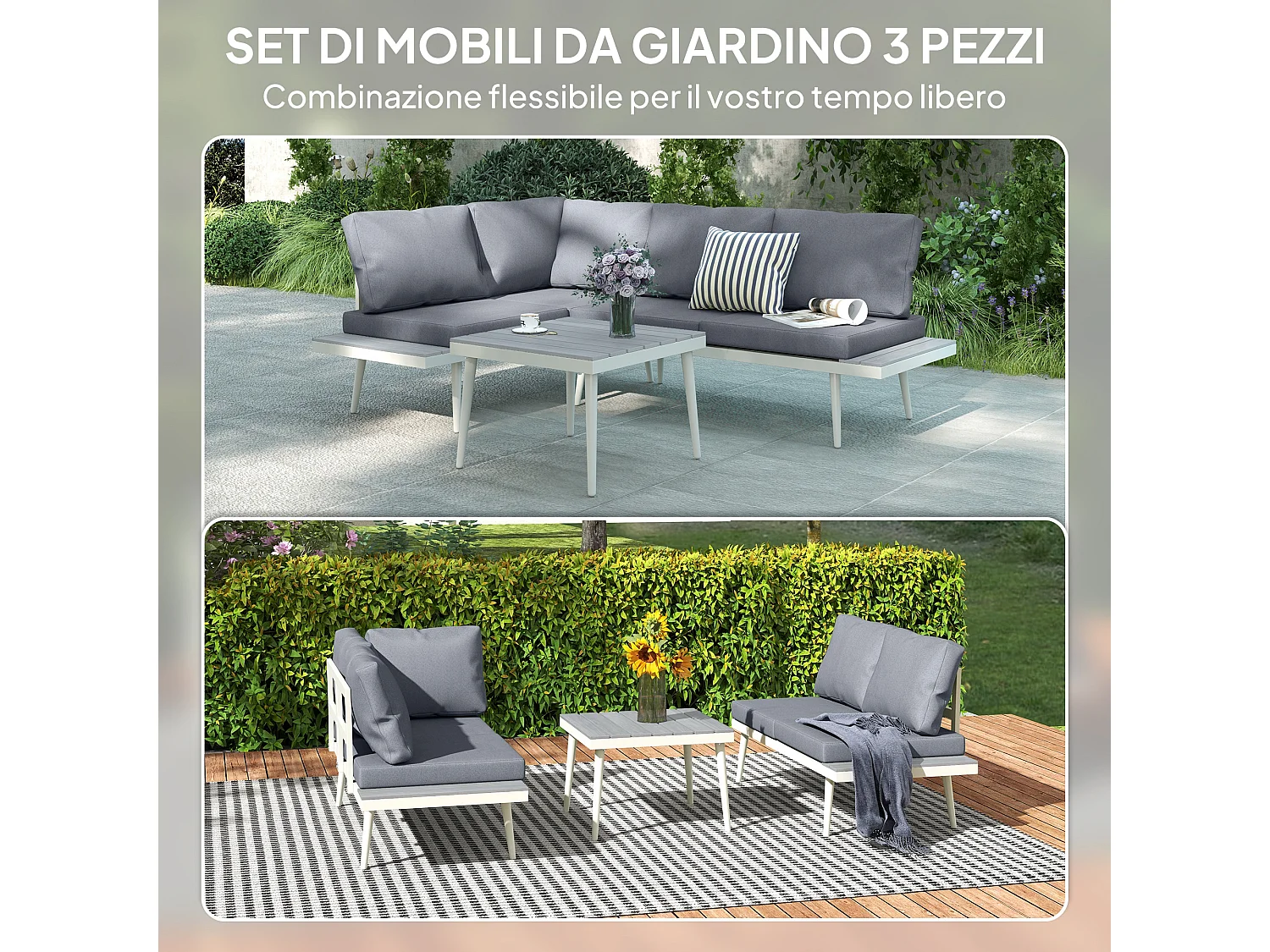 Salotto da giardino con 2 divani con schienale regolabile e tavolino