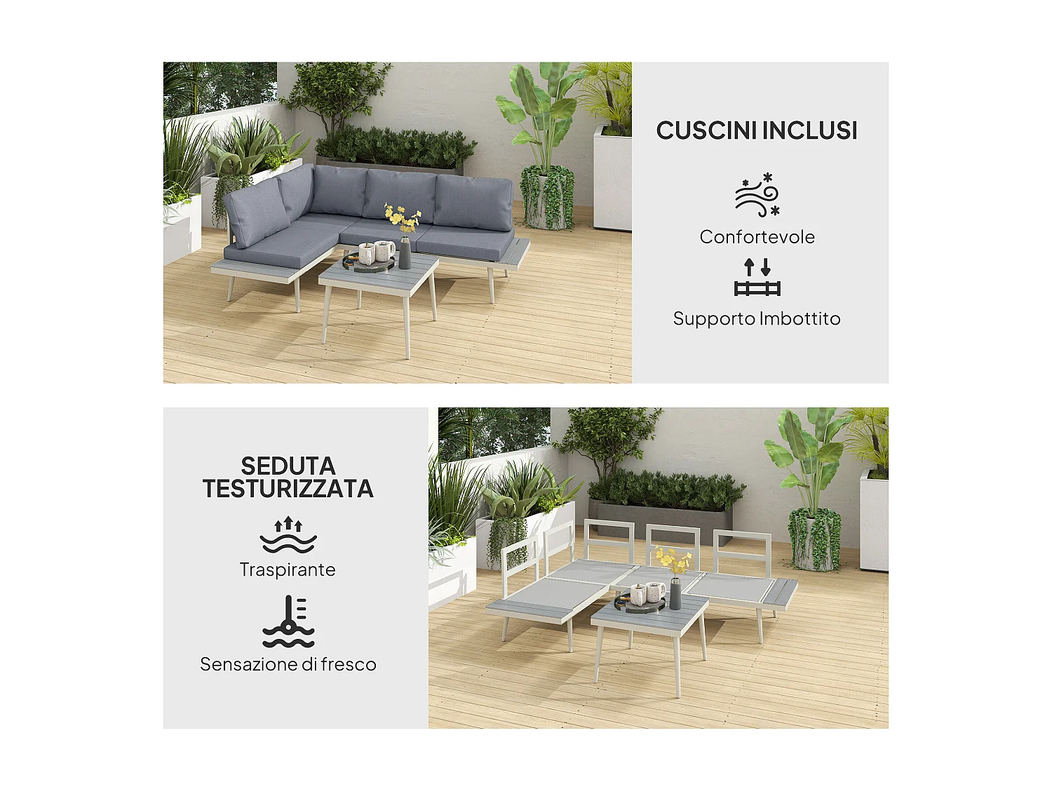 Salotto da giardino con 2 divani con schienale regolabile e tavolino