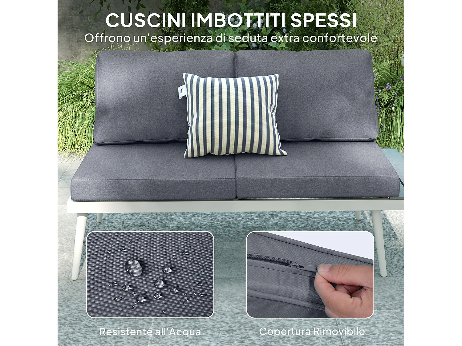 Salotto da giardino con 2 divani con schienale regolabile e tavolino