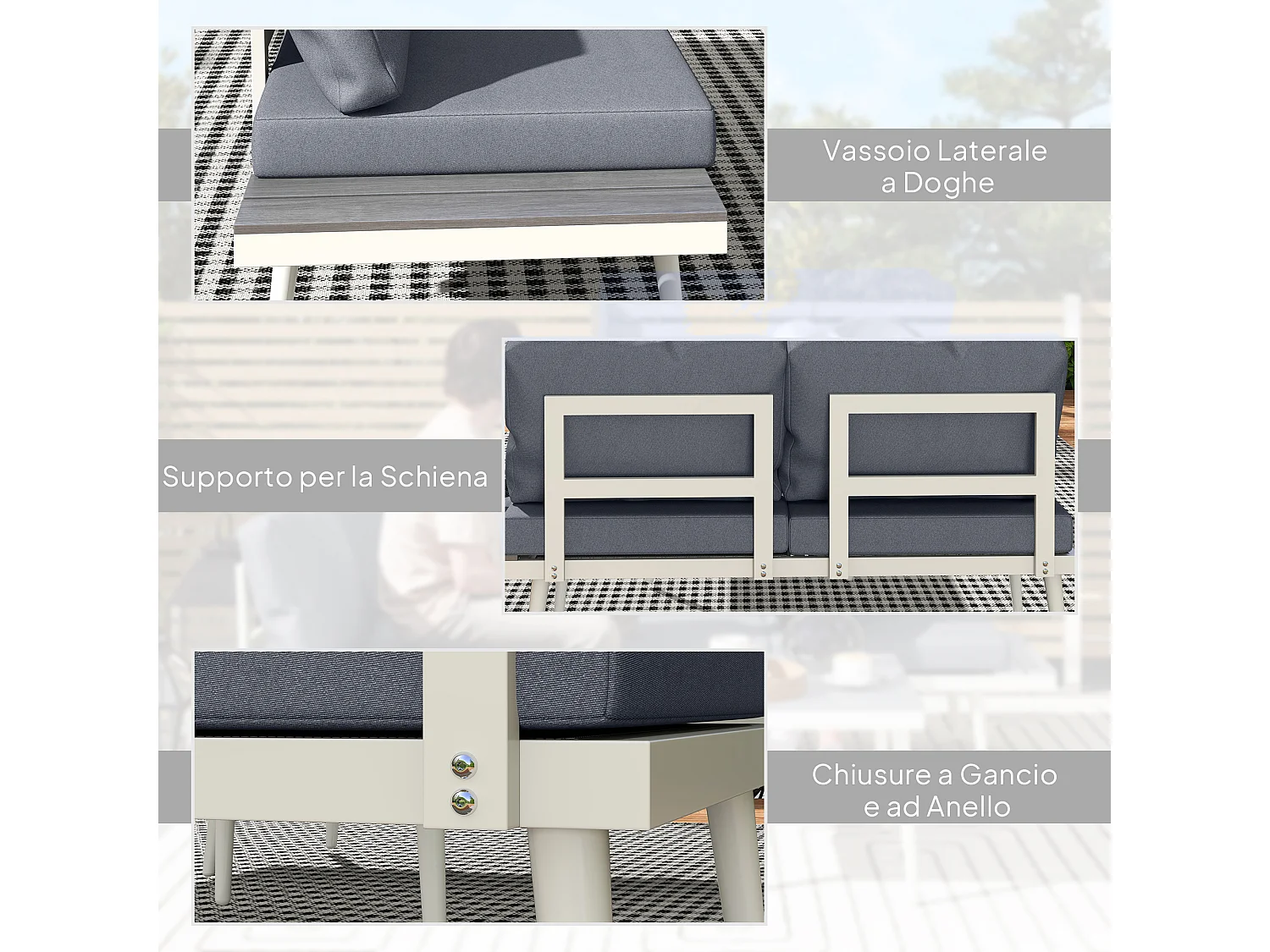 Salotto da giardino con 2 divani con schienale regolabile e tavolino