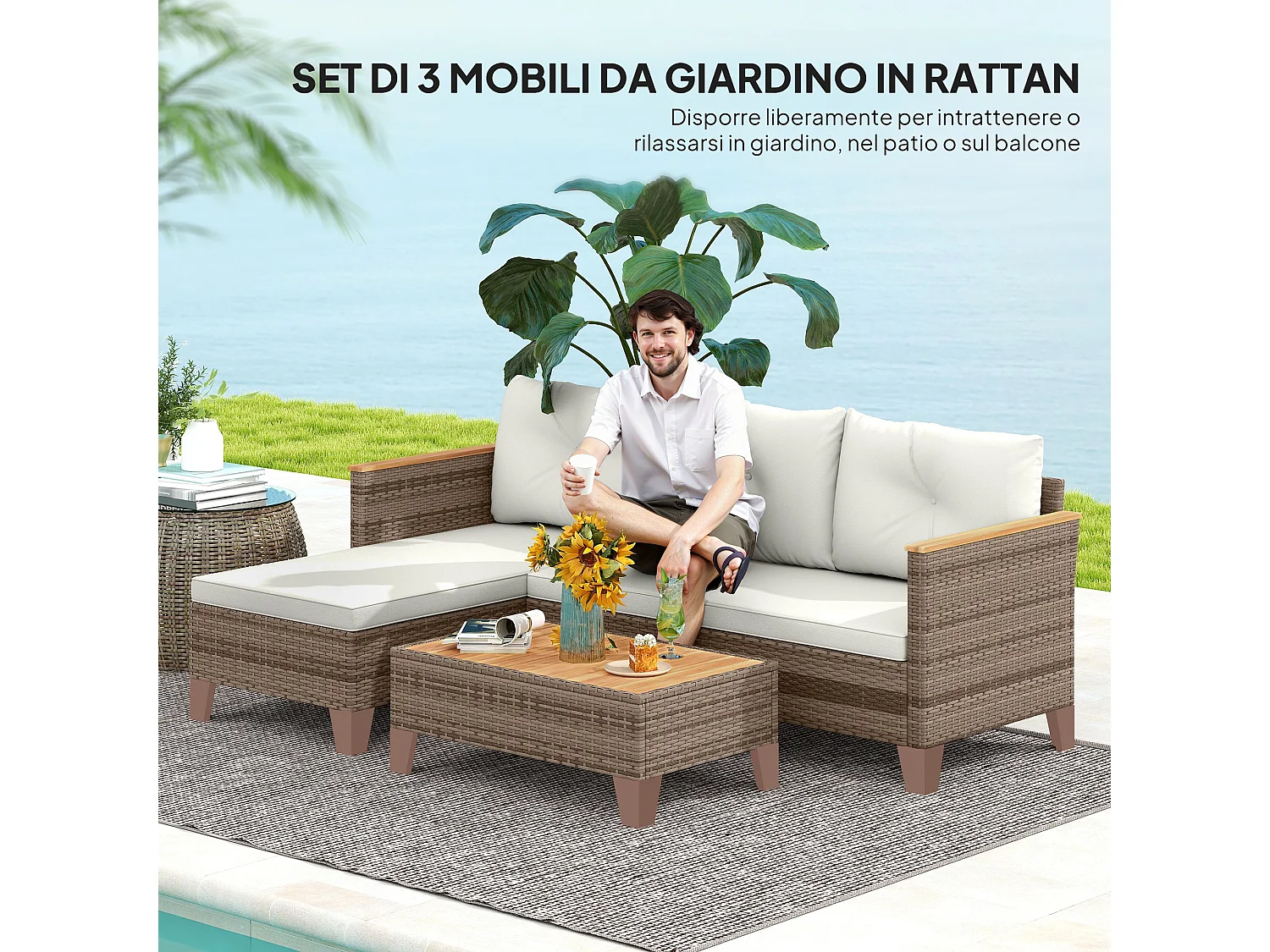 Salotto da giardino con divano chaise longue e tavolino crema