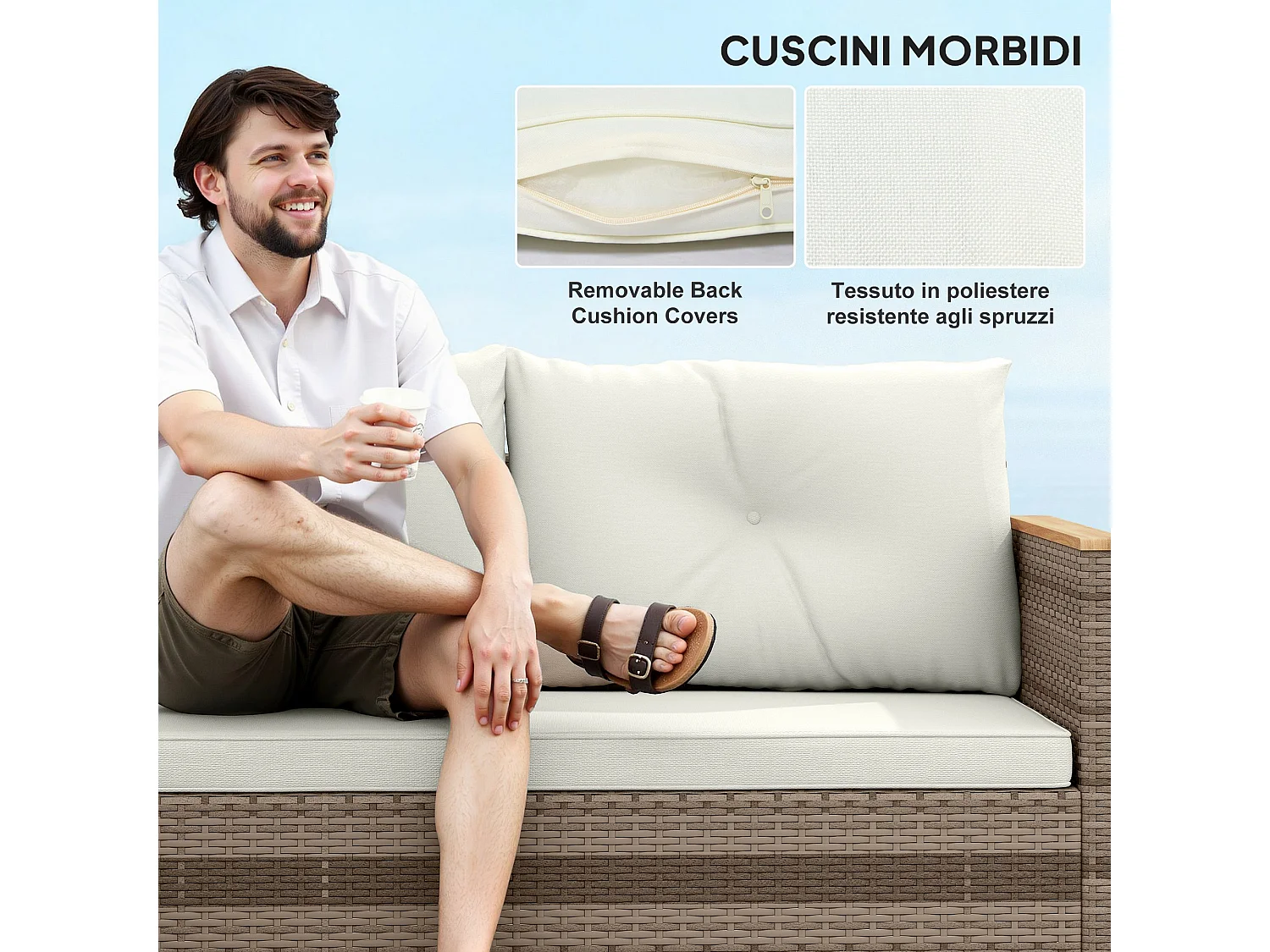 Salotto da giardino con divano chaise longue e tavolino crema