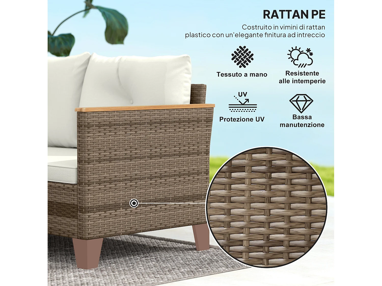 Salotto da giardino con divano chaise longue e tavolino crema