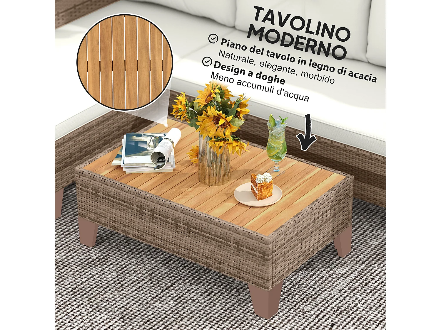 Salotto da giardino con divano chaise longue e tavolino crema