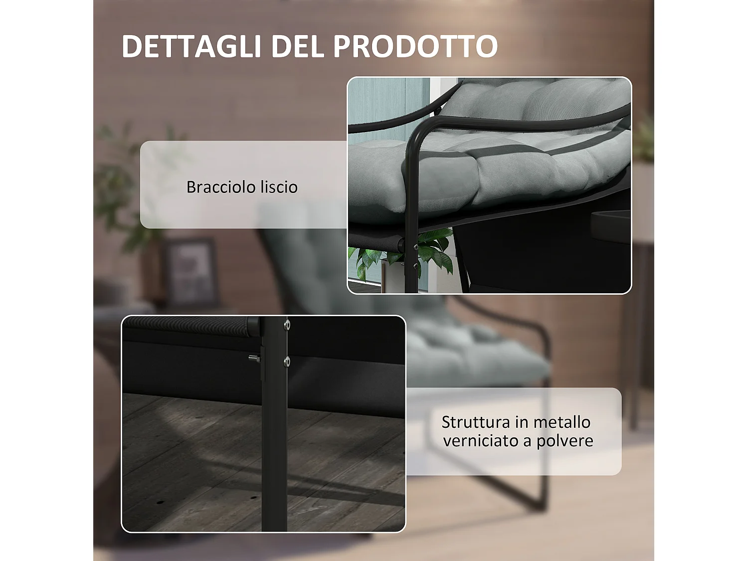 Poltrona da giardino in acciaio e poliestere grigia e nera