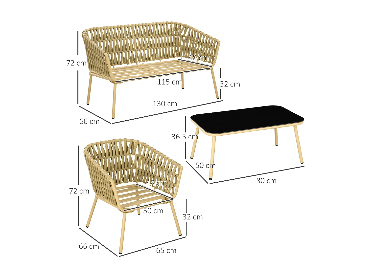 Salotto da giardino con divano 2 posti e 2 poltrone e tavolino