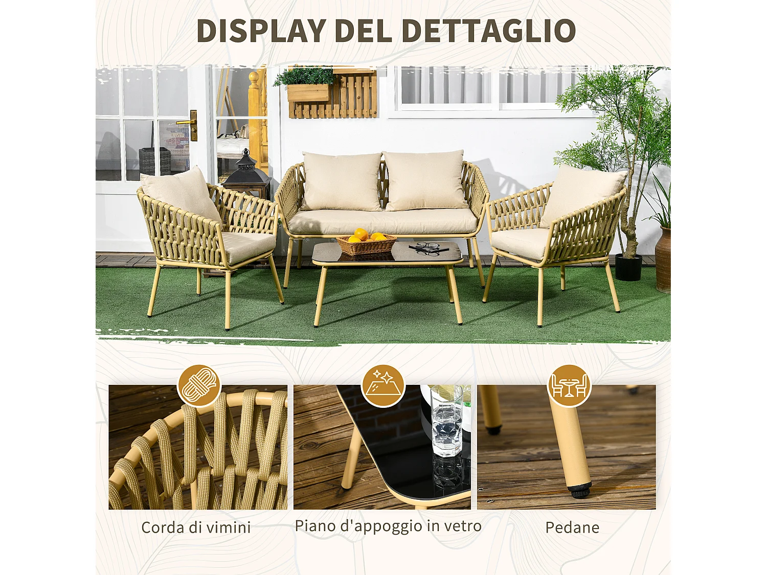 Salotto da giardino con divano 2 posti e 2 poltrone e tavolino