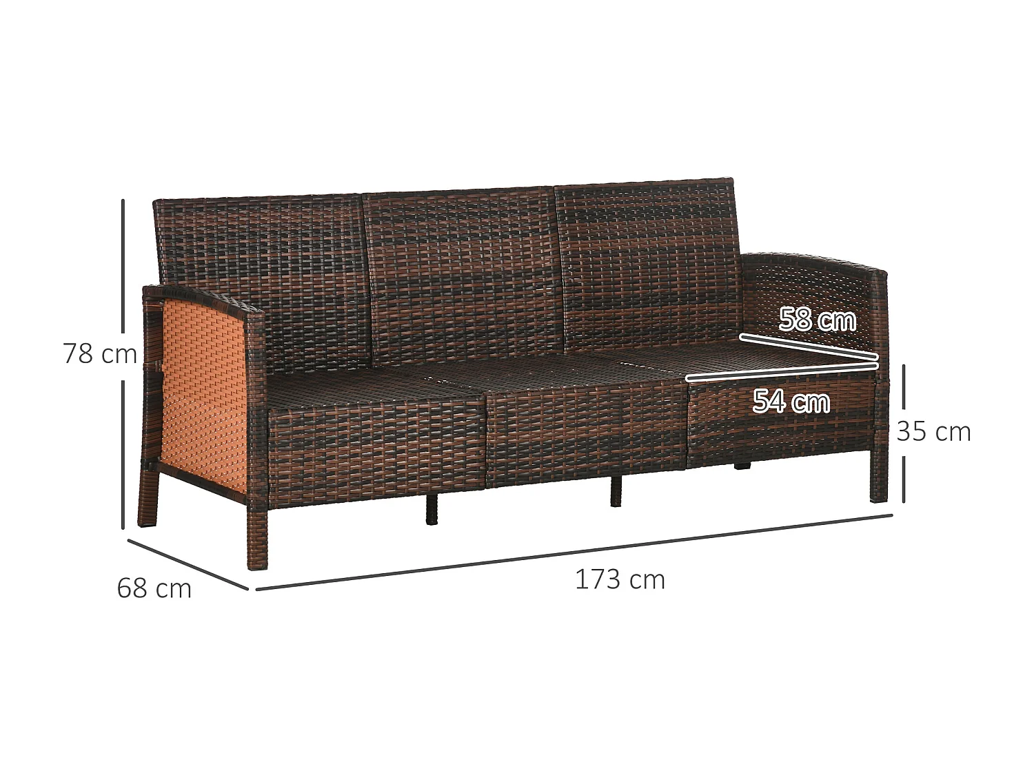 Divano 3 posti da esterno con cuscini in rattan pe marrone