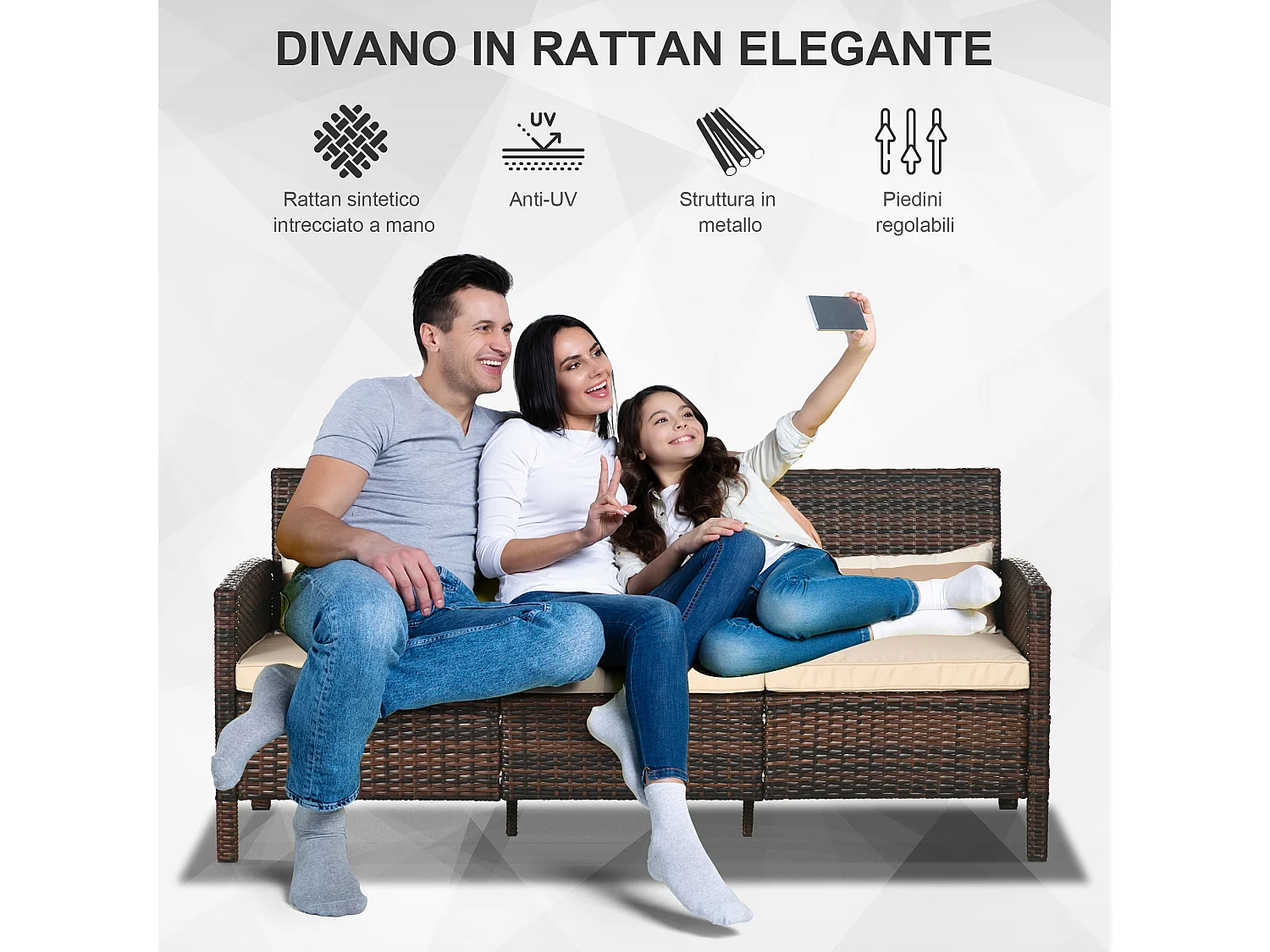 Divano 3 posti da esterno con cuscini in rattan pe marrone