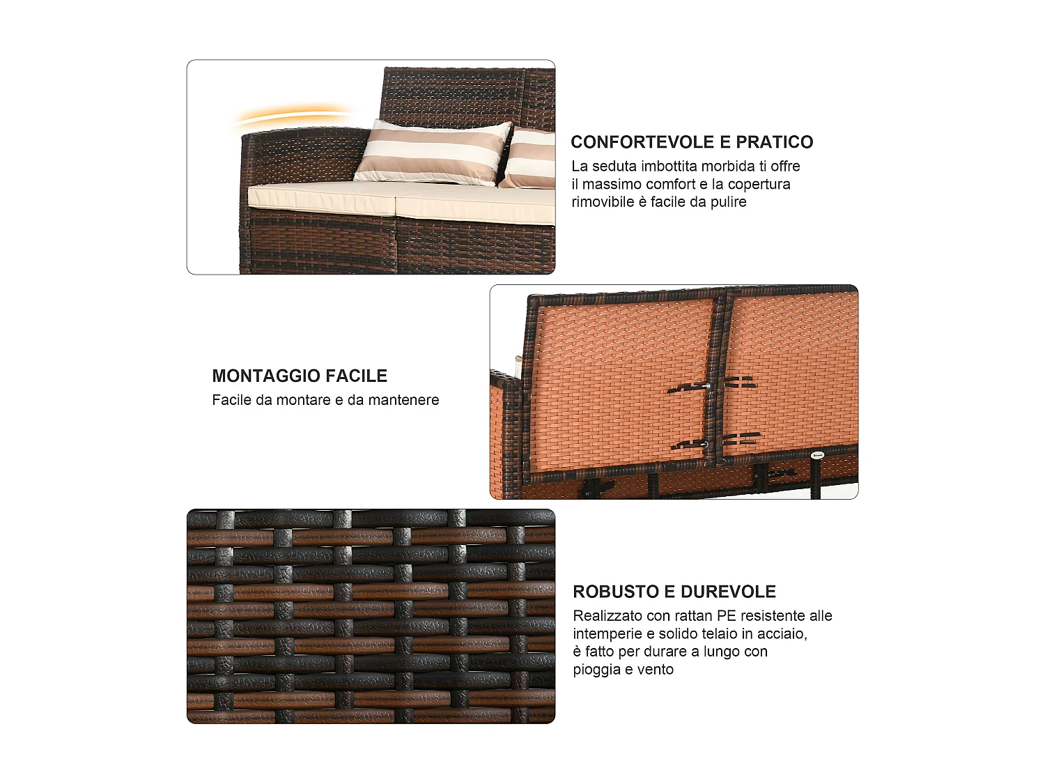 Divano 3 posti da esterno con cuscini in rattan pe marrone