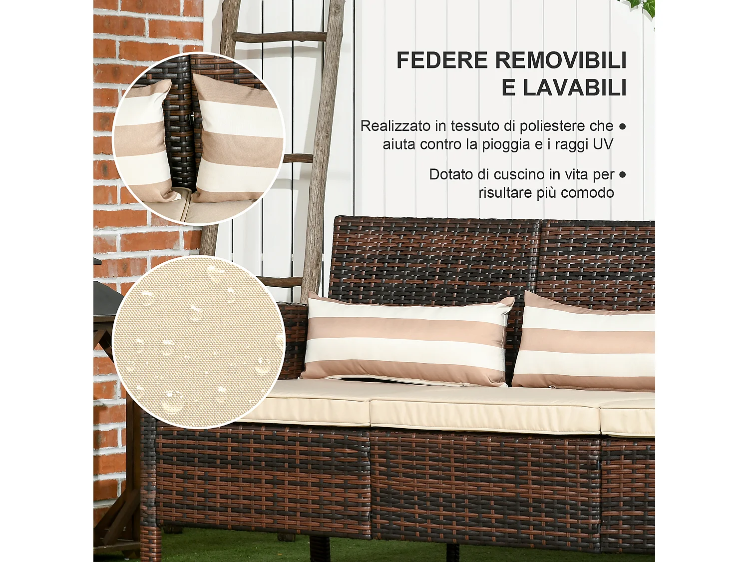 Divano 3 posti da esterno con cuscini in rattan pe marrone