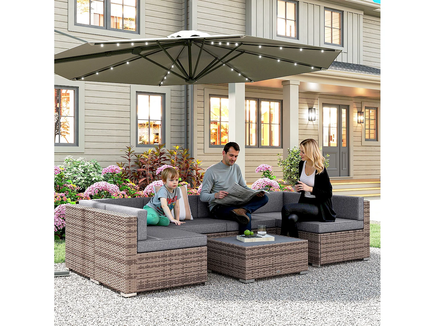 Salotto da giardino in rattan 7 pezzi con tavolino e divano