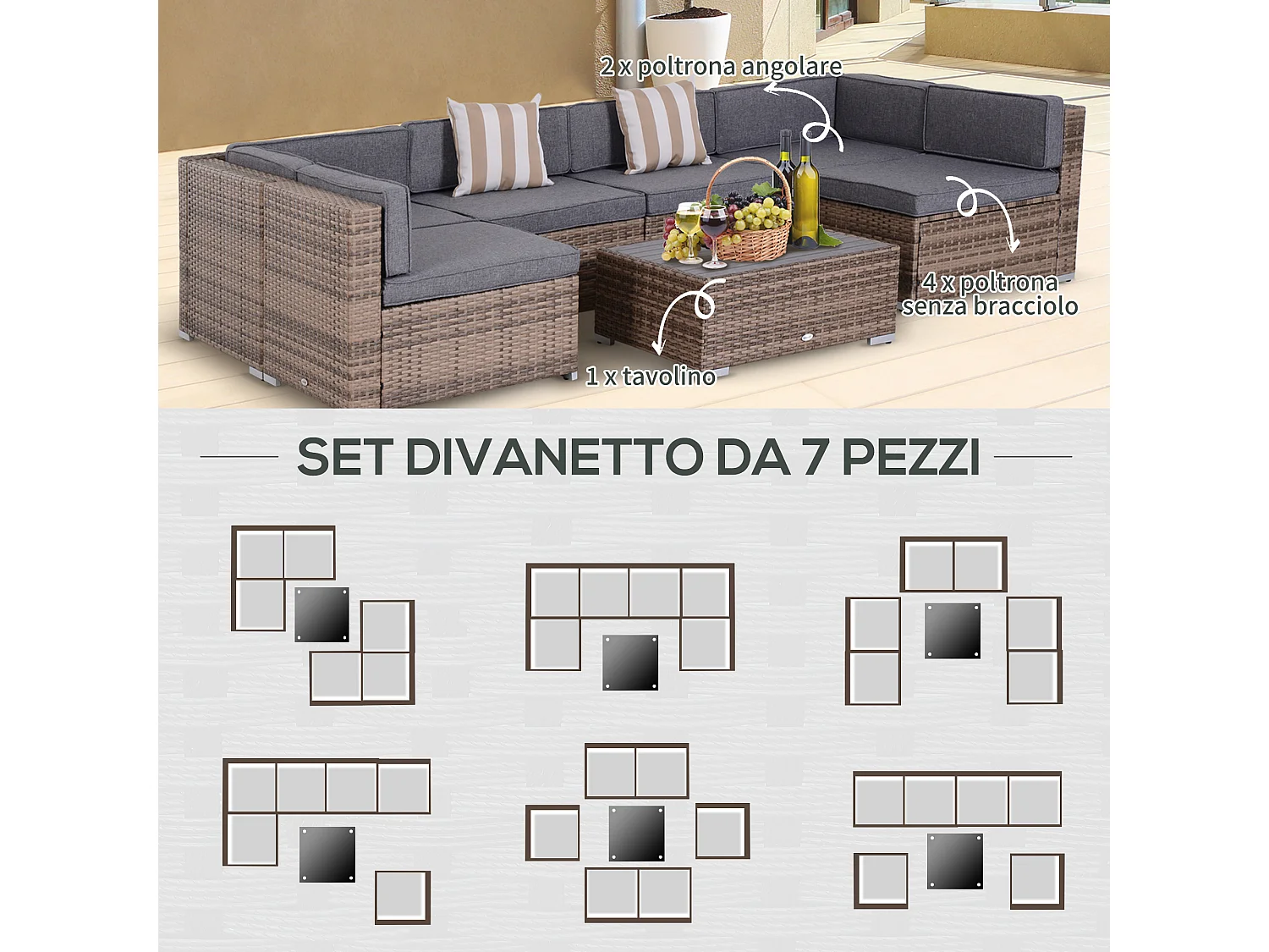 Salotto da giardino in rattan 7 pezzi con tavolino e divano