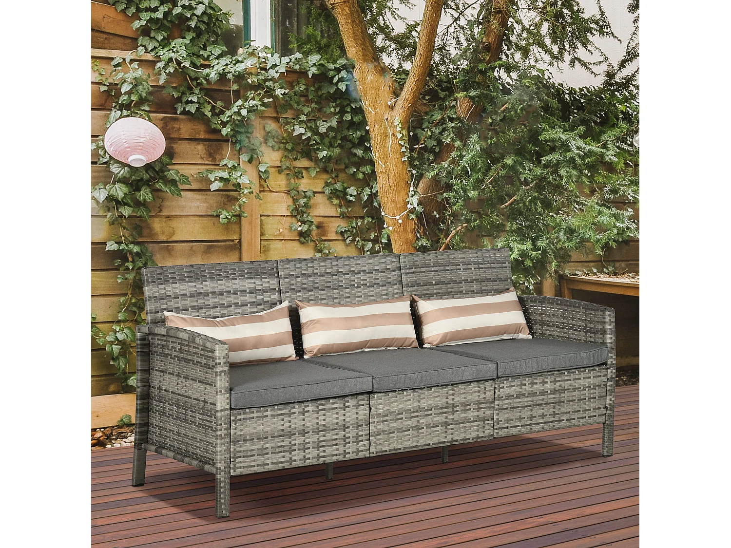 Divano 3 posti da esterni in rattan con cuscini 173x68x78cm