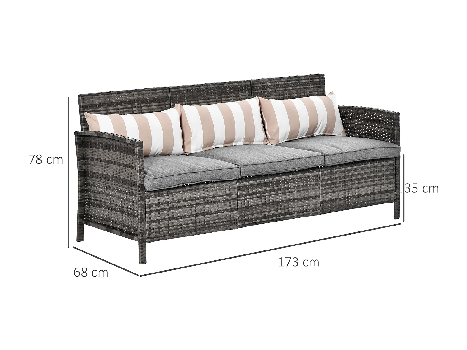 Divano 3 posti da esterni in rattan con cuscini 173x68x78cm