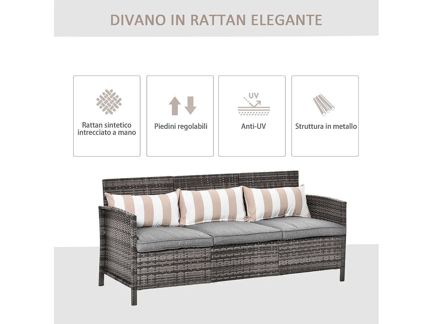 Divano 3 posti da esterni in rattan con cuscini 173x68x78cm