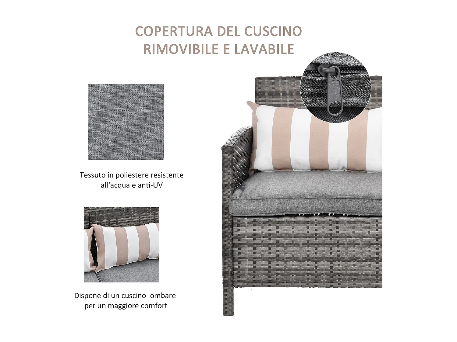 Divano 3 posti da esterni in rattan con cuscini 173x68x78cm