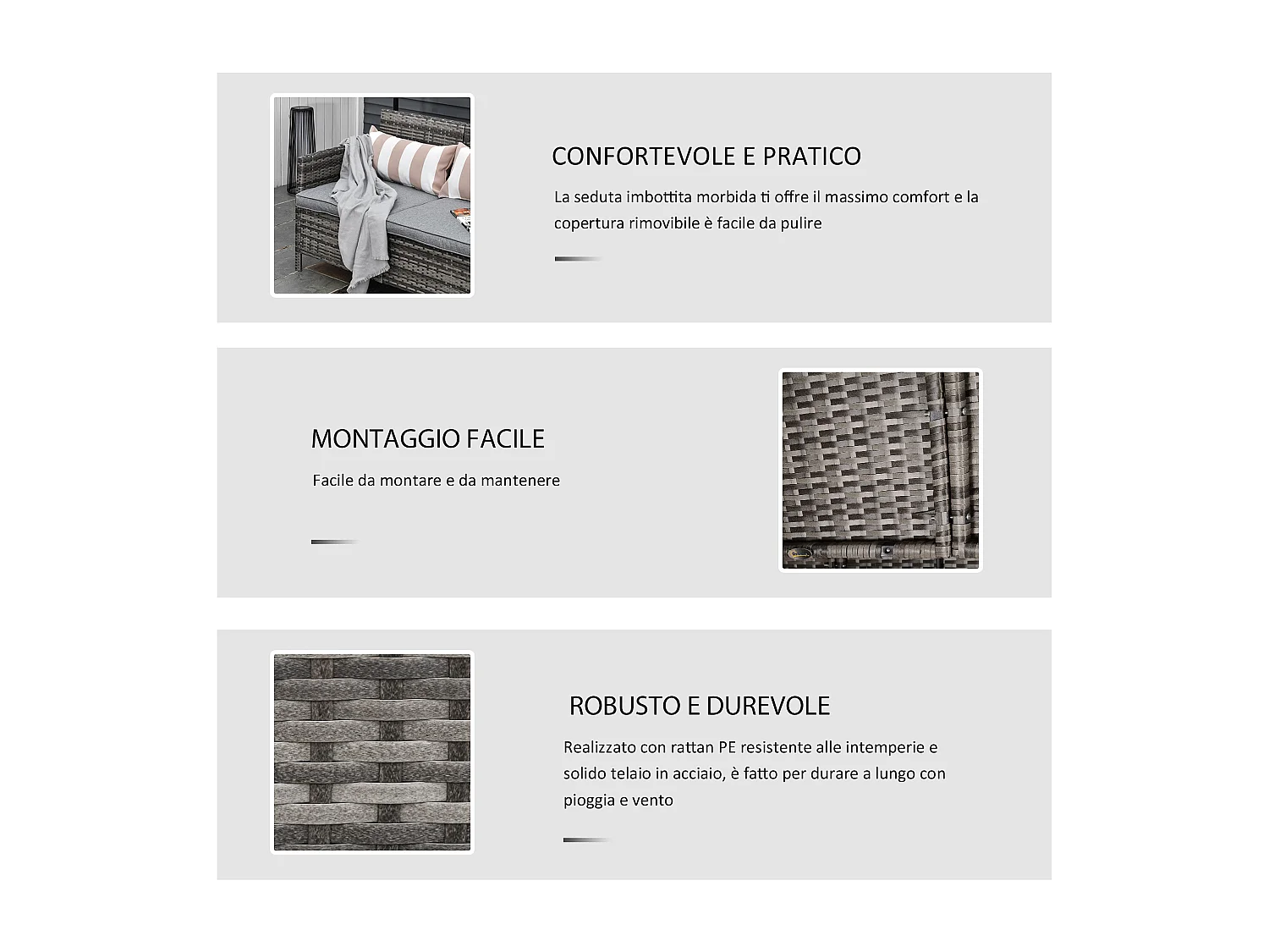 Divano 3 posti da esterni in rattan con cuscini 173x68x78cm