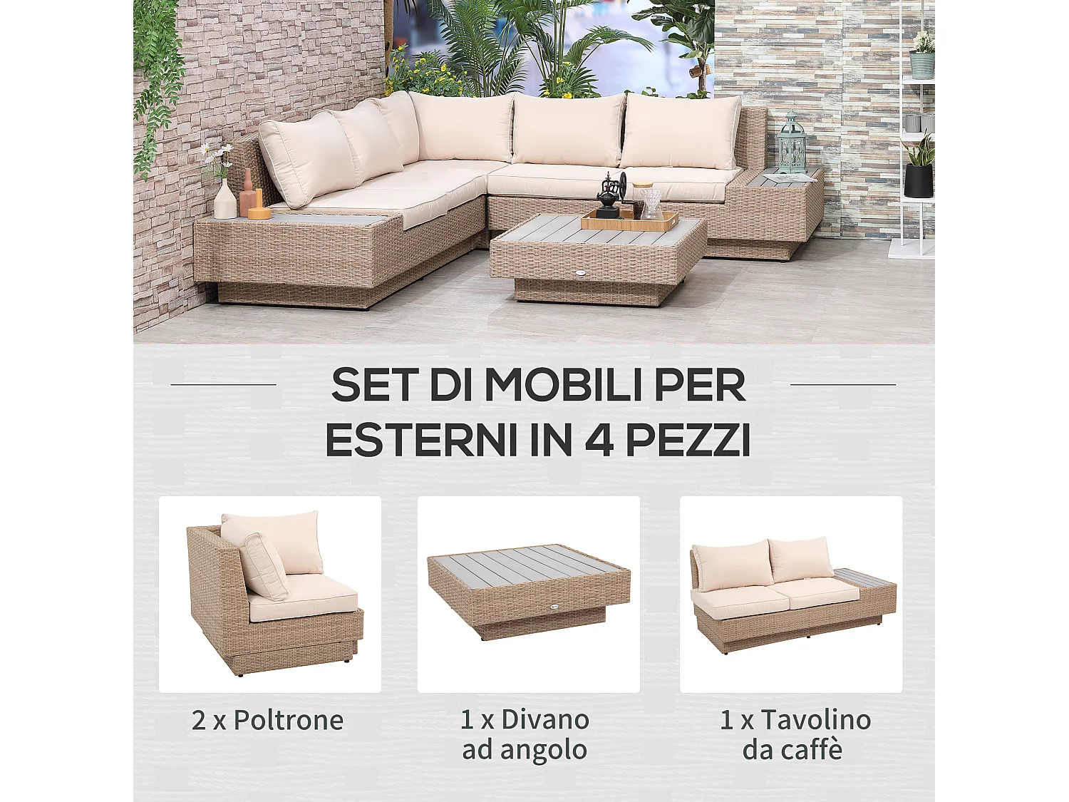 Salotto da giardino in rattan 4 pezzi con divano e tavolini