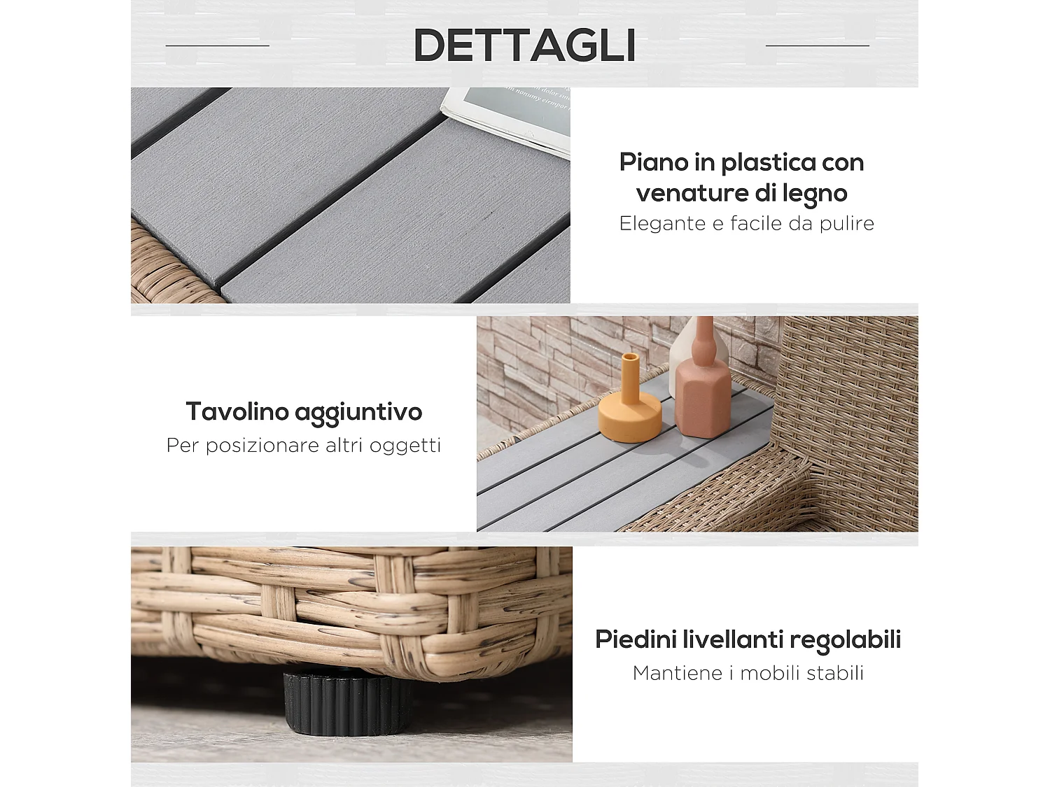 Salotto da giardino in rattan 4 pezzi con divano e tavolini