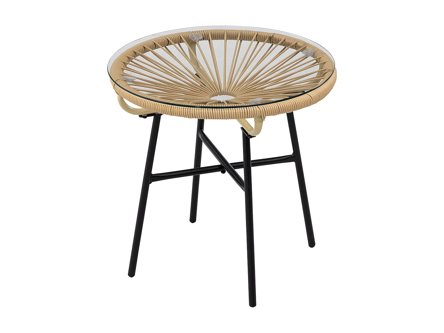 Tavolino da giardino stile boho rattan pe e vetro ø50cm beige