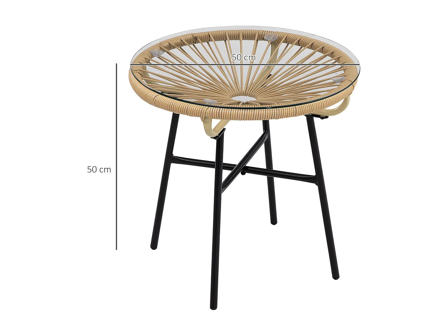 Tavolino da giardino stile boho rattan pe e vetro ø50cm beige