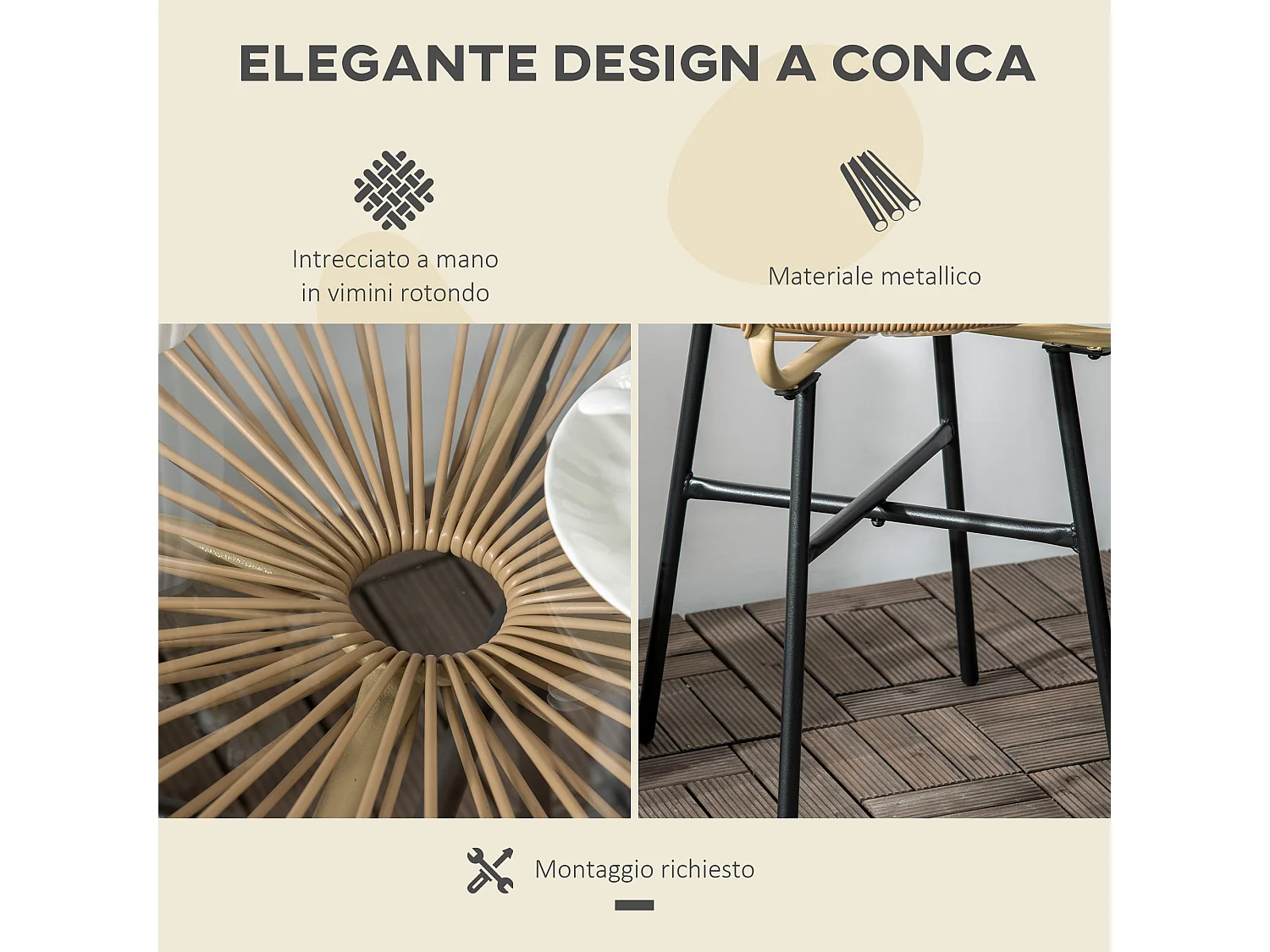 Tavolino da giardino stile boho rattan pe e vetro ø50cm beige