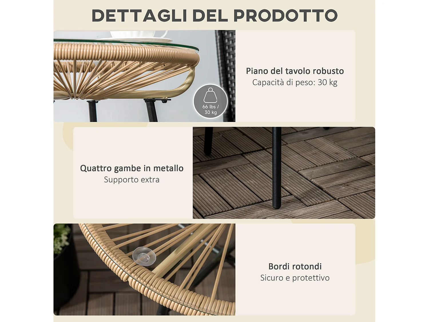 Tavolino da giardino stile boho rattan pe e vetro ø50cm beige