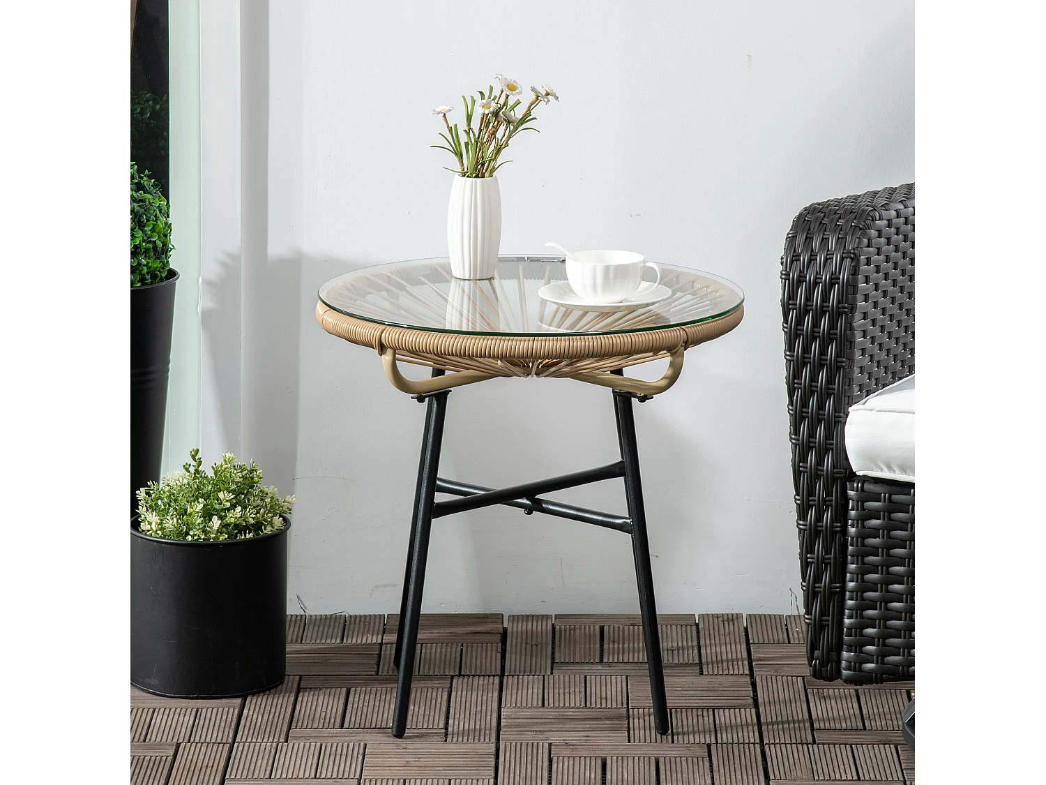 Tavolino da giardino stile boho rattan pe e vetro ø50cm beige