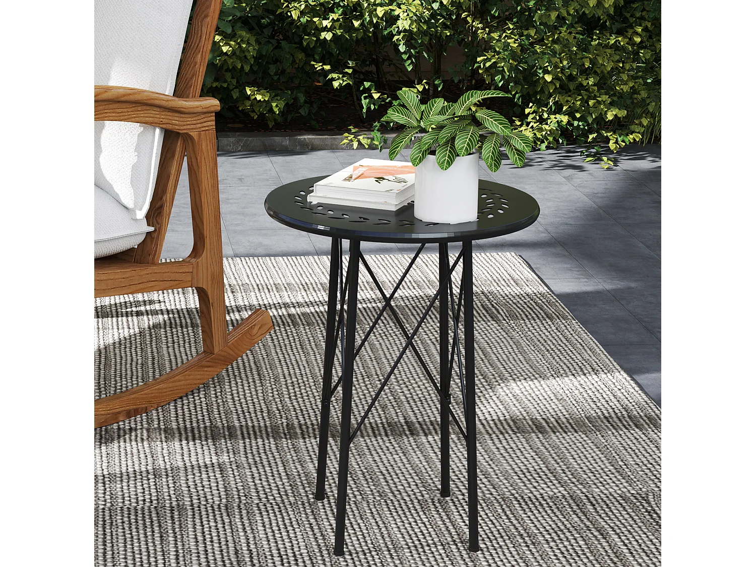 Tavolino da giardino con intagli a fiori Ø40 cm in acciaio nero