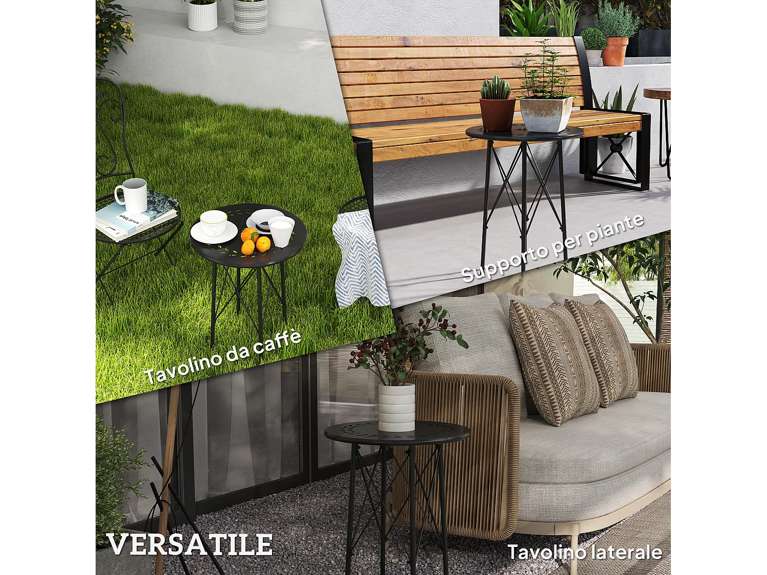 Tavolino da giardino con intagli a fiori Ø40 cm in acciaio nero