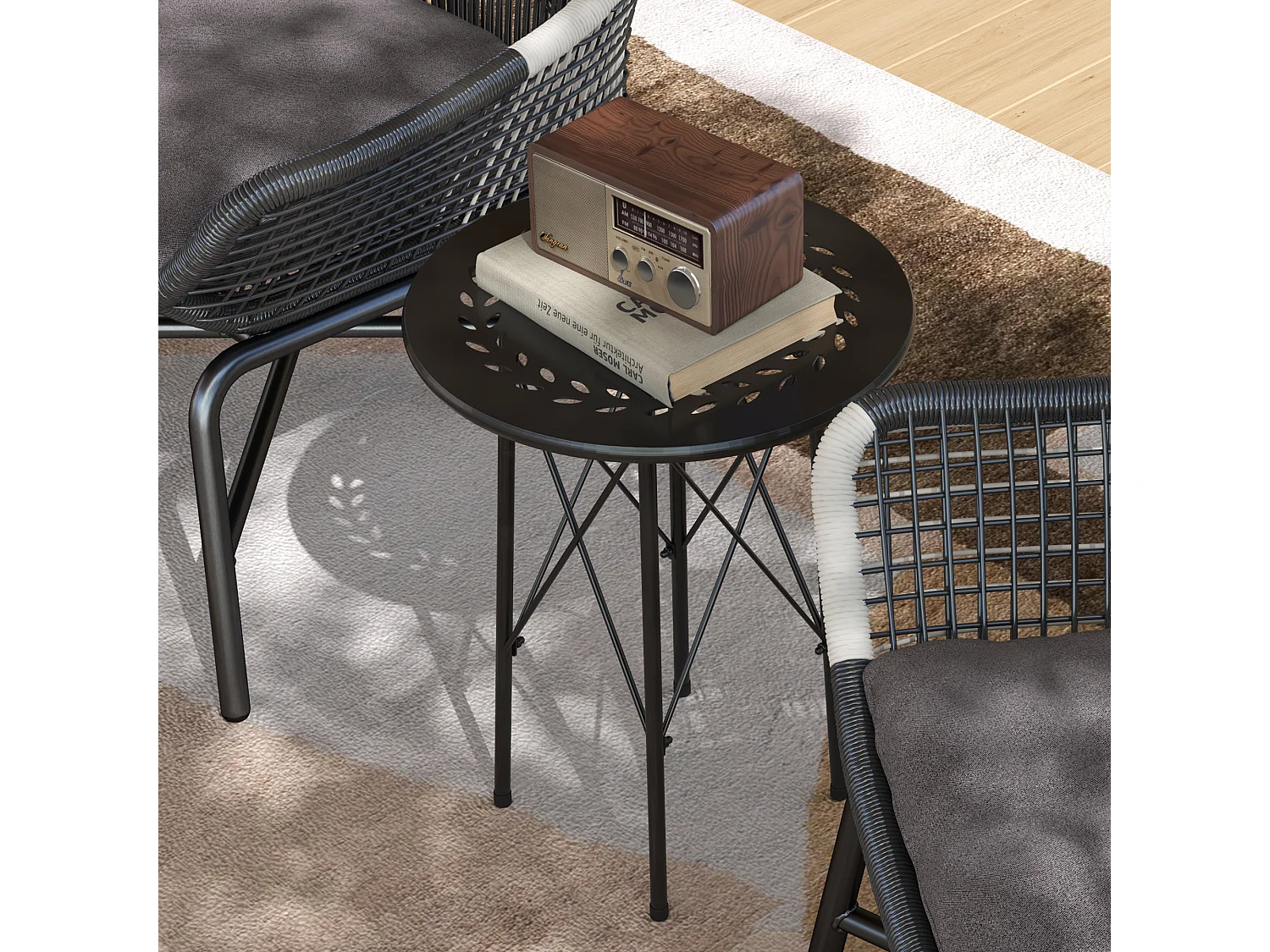 Tavolino da giardino con intagli a fiori Ø40 cm in acciaio nero